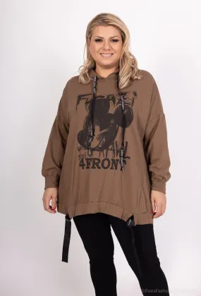 Kamelfarbenes Kapuzen-Sweatshirt mit Graffiti (T05557)