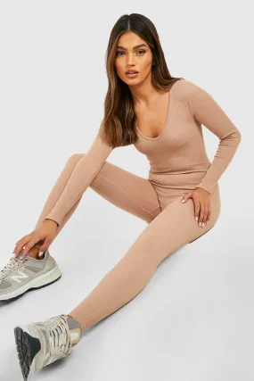 Langärmliger gerippter Rundhals-Jumpsuit